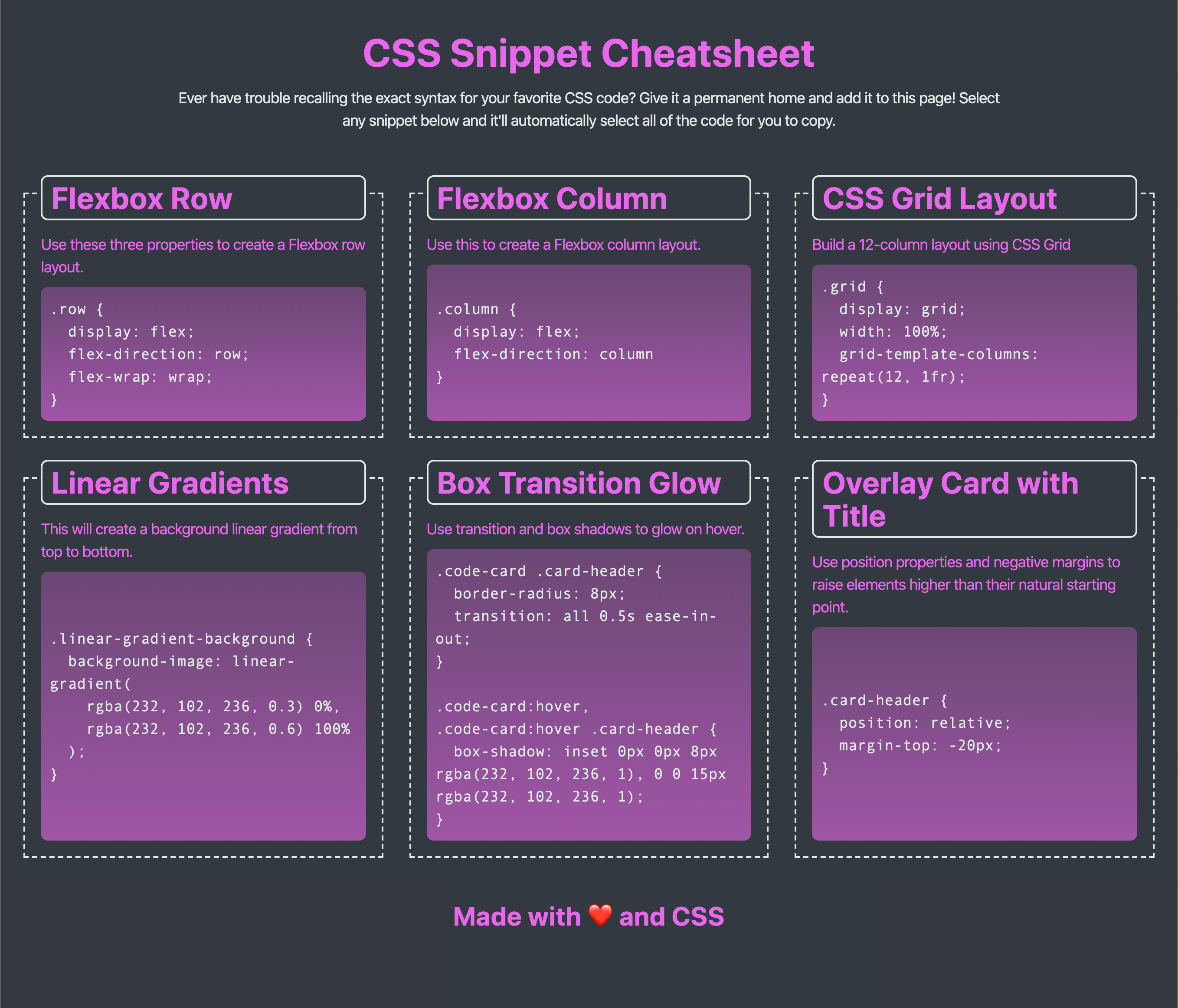 On a desktop, the application displays three CSS code snippets per row.