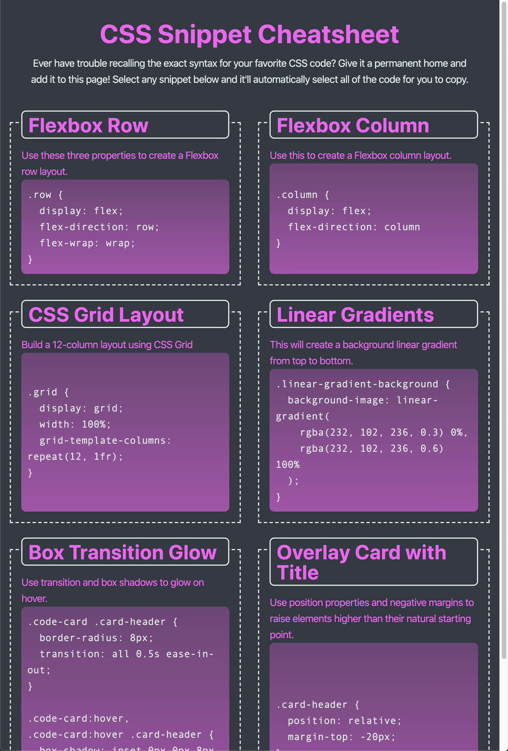 On a tablet, the application displays two CSS code snippets per row.