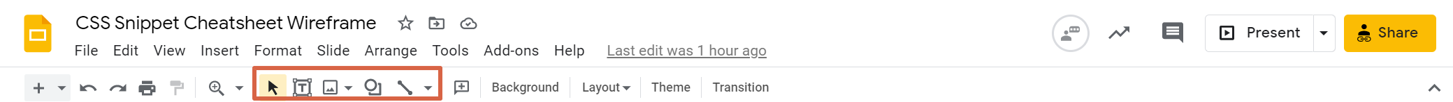 Google Slide tools outlined in red.