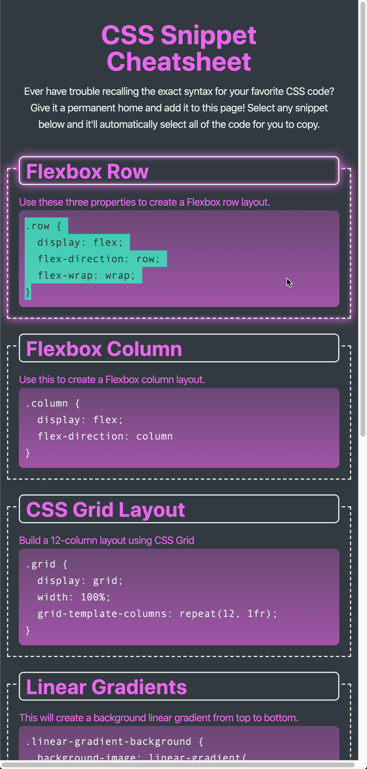 On a mobile device, the application displays one CSS code snippet per row.