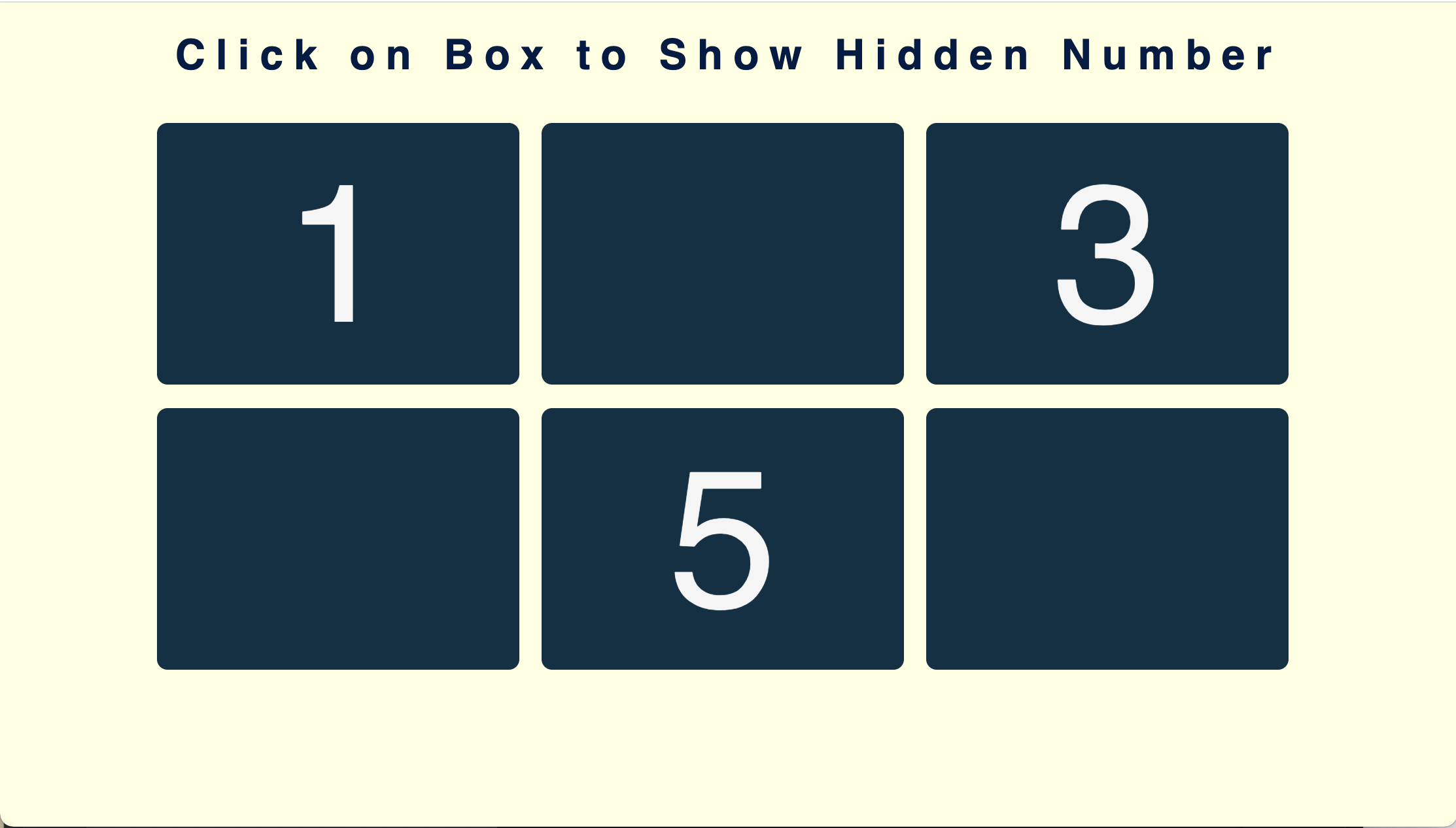Six cards appear in a grid, with the numbers 1, 3, and 5 displayed on three of the cards while the remaining three appear blank.